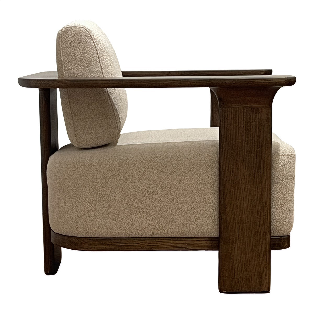Low upholstered accent chair with wide arms on an ashwood frame