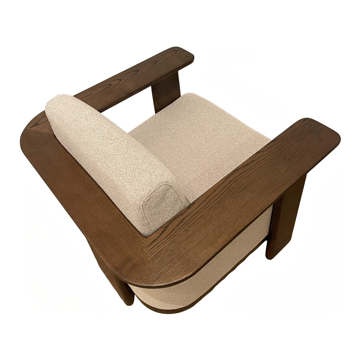 Low upholstered accent chair with wide arms on an ashwood frame