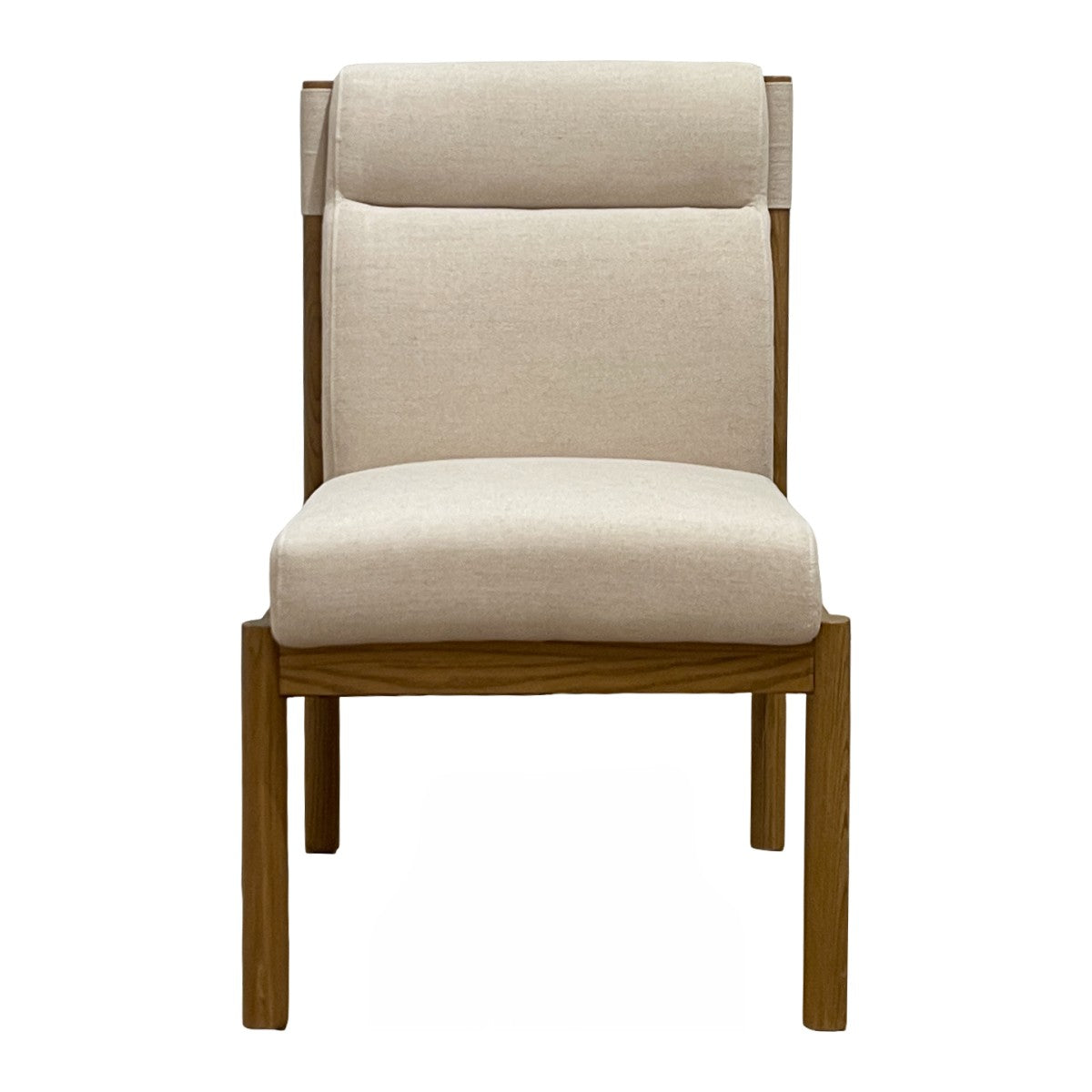 Modern dining chair with a curved upholstered back on ashwood legs