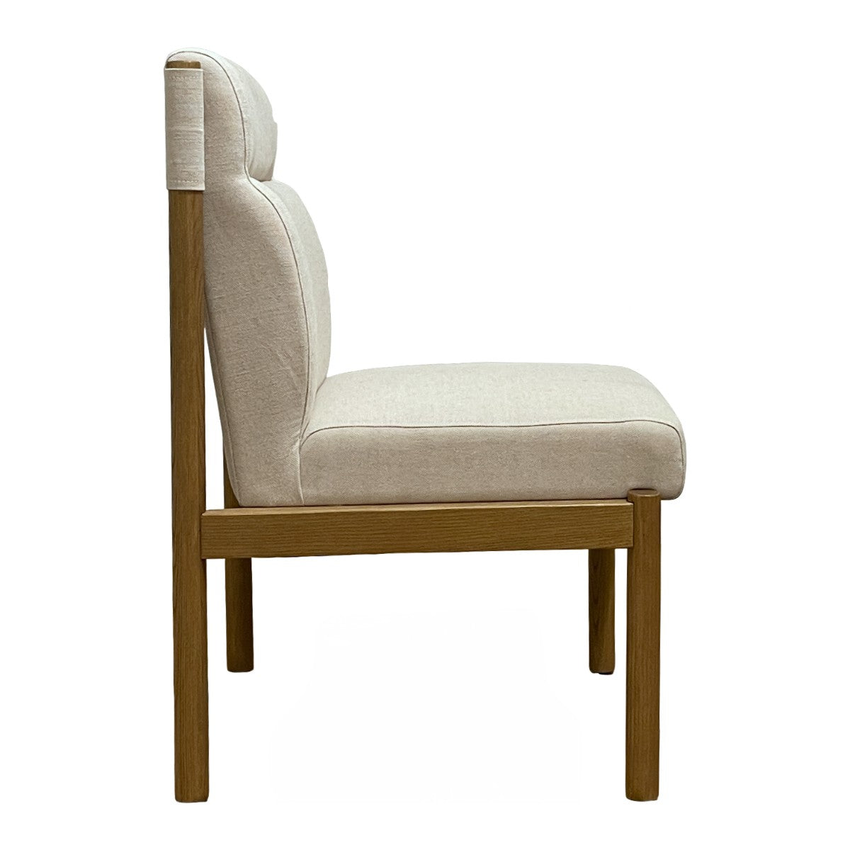 Modern dining chair with a curved upholstered back on ashwood legs