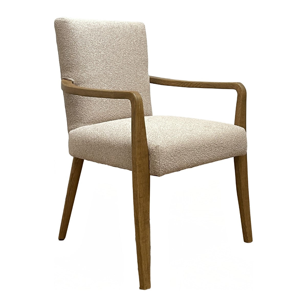 Upholstered dining armchair with open arms on an ashwood frame