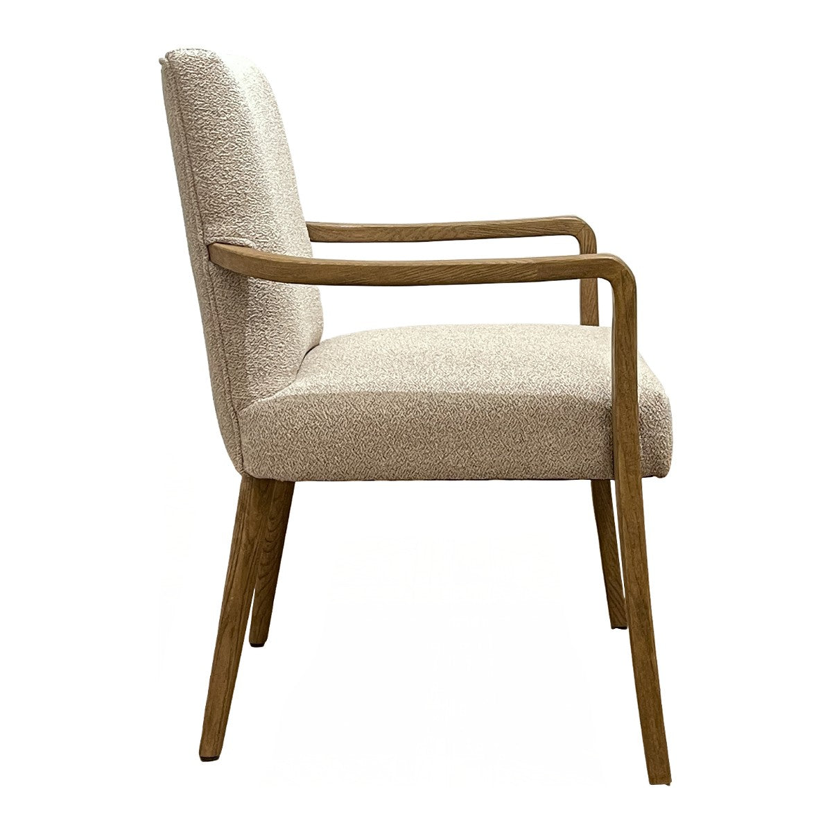 Upholstered dining armchair with open arms on an ashwood frame