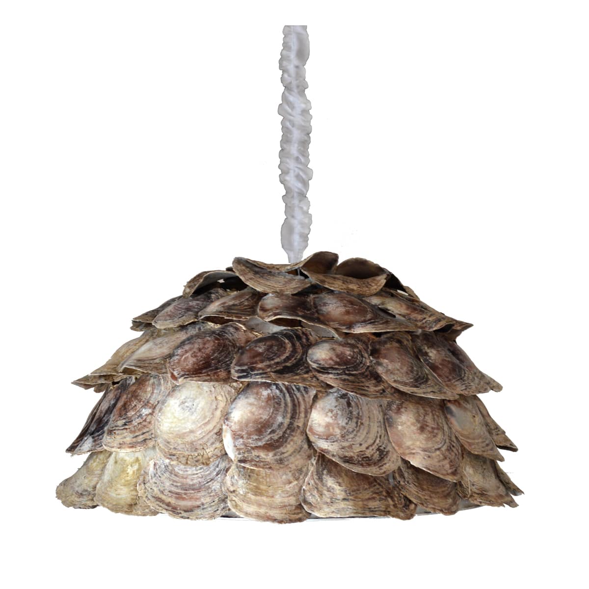 Solace dome pendant lamp made of overlapping natural shell pieces