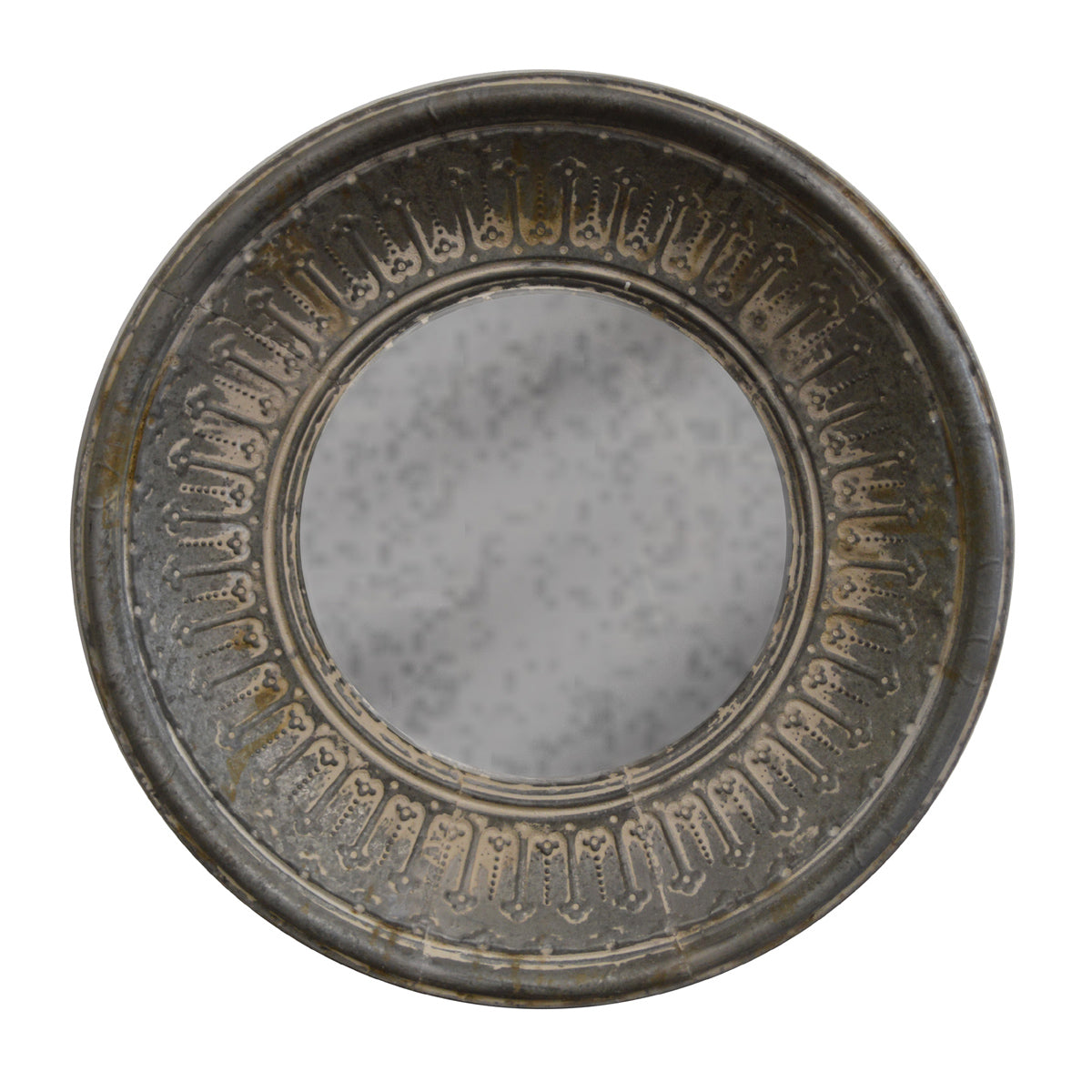 Round mirror in a heavily distressed metal frame with patina