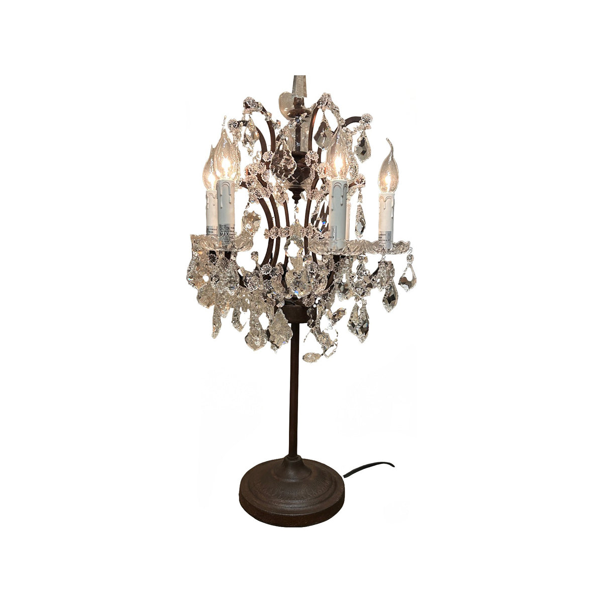 Rust-finish table lamp with chandelier-style frame and hanging crystals