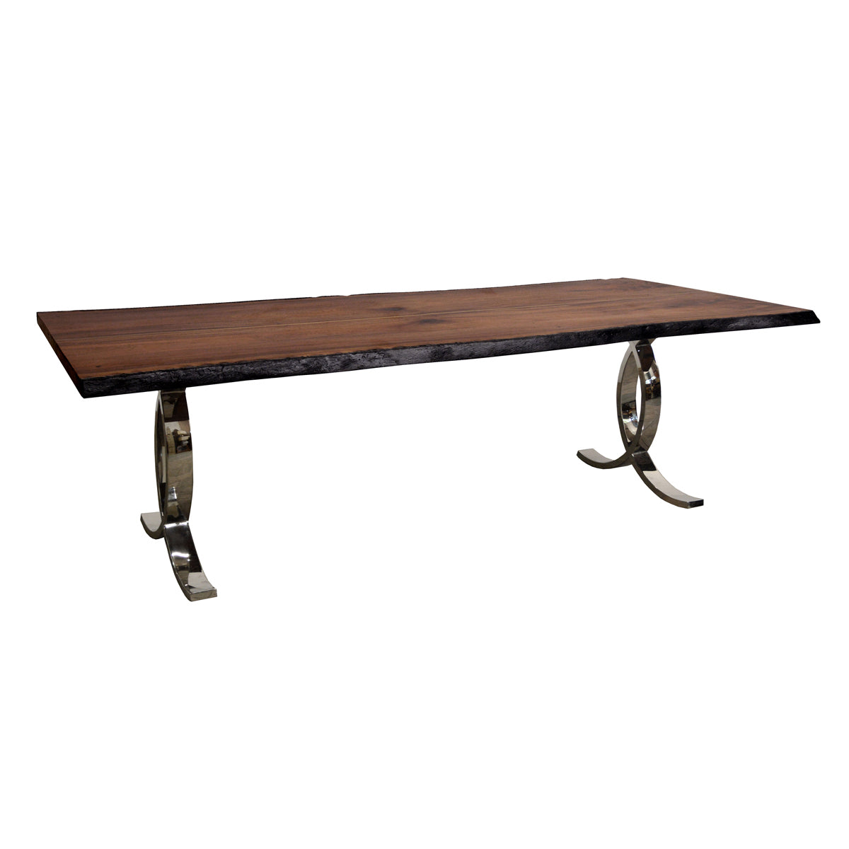 Acacia dining table with burnt edges and brass inlay on a stainless steel base