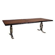 Acacia dining table with burnt edges and brass inlay on a stainless steel base
