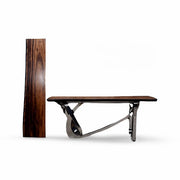 Solid acacia console table on a shaped, curved iron base