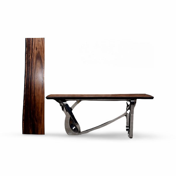 Solid acacia console table on a shaped, curved iron base