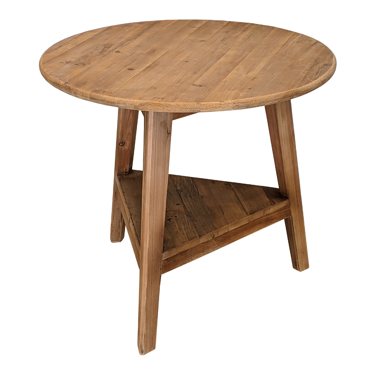 Round reclaimed pine cricket table with angled legs and lower shelf
