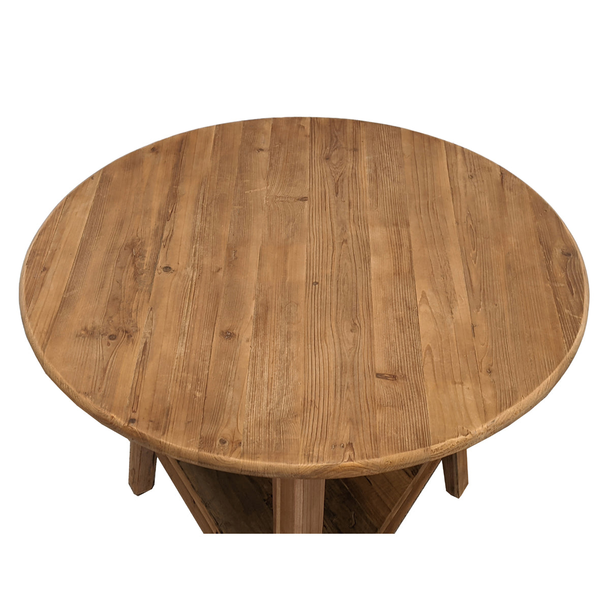Round reclaimed pine cricket table with angled legs and lower shelf