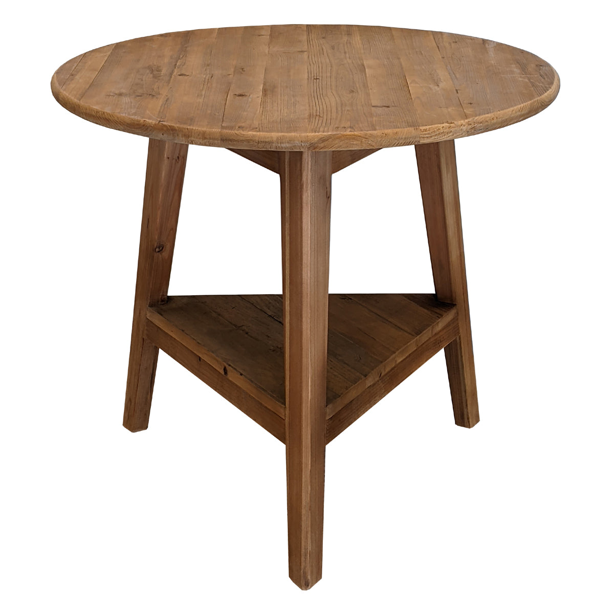 Round reclaimed pine cricket table with angled legs and lower shelf