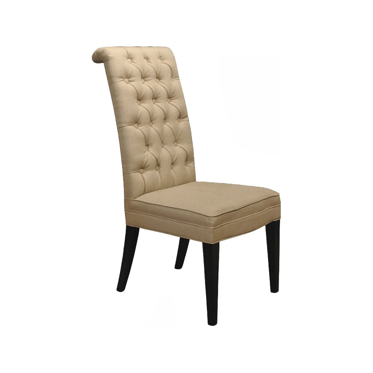 Tall ecru linen dining chair with a button-tufted back on an oak frame