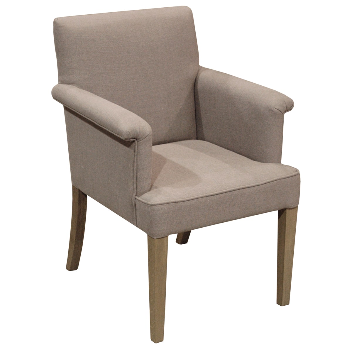 Upholstered dining armchair in Belgium Fog on a white oak frame