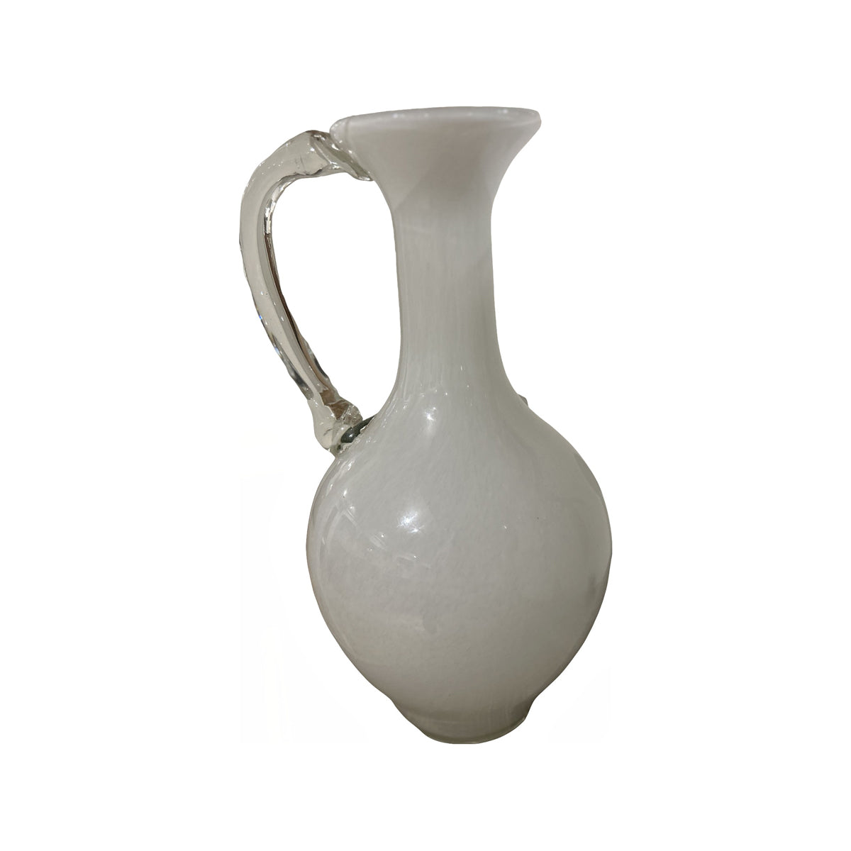 Translucent white recycled glass vase with a long neck and handle