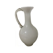Translucent white recycled glass vase with a long neck and handle