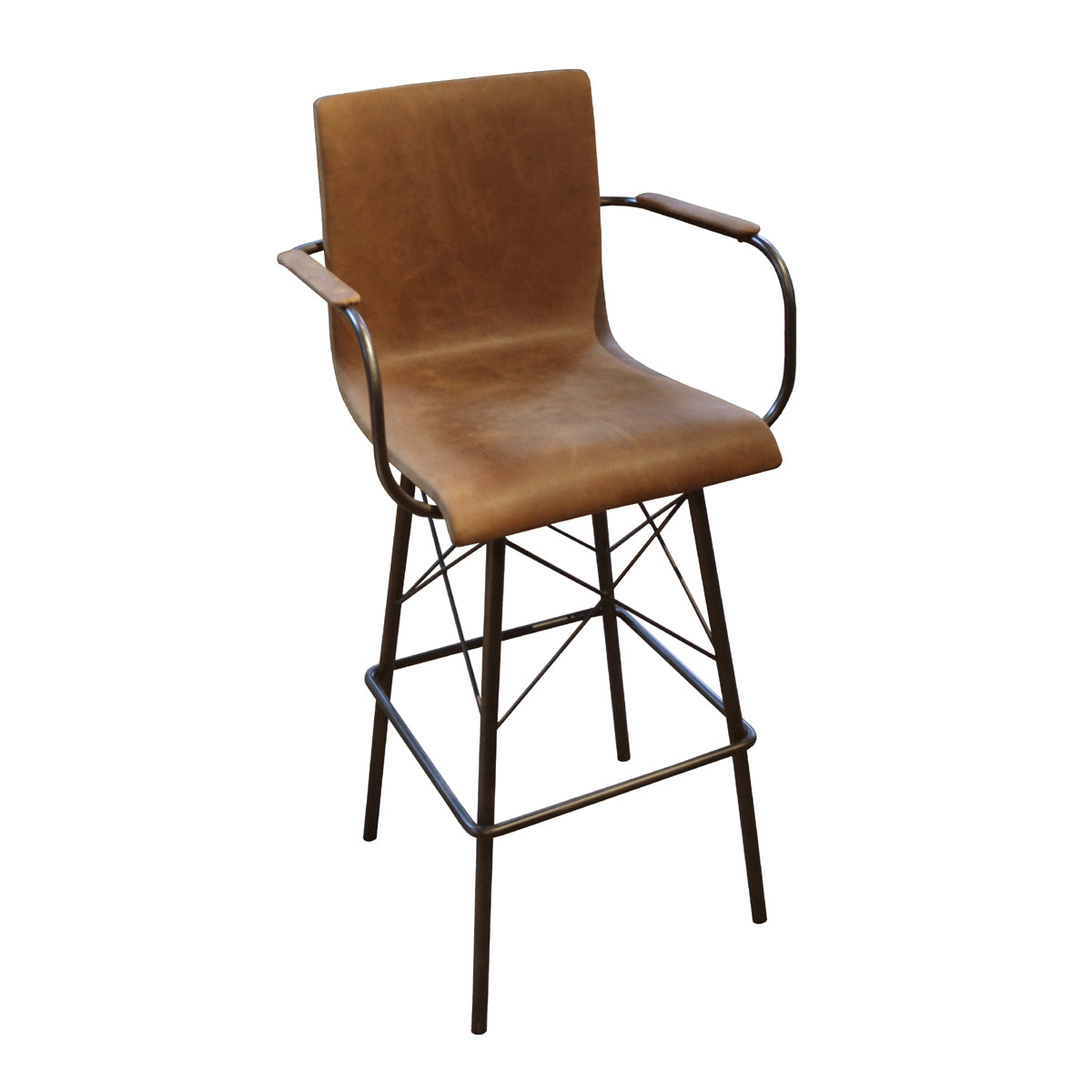 Bar chair upholstered in brown leather with arms on a metal frame