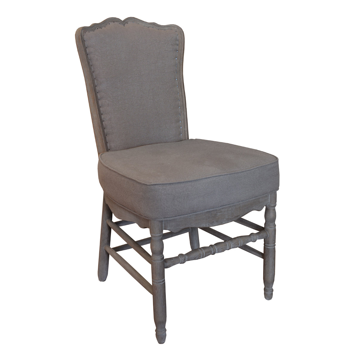 Side chair upholstered in smokey grey with a tall back