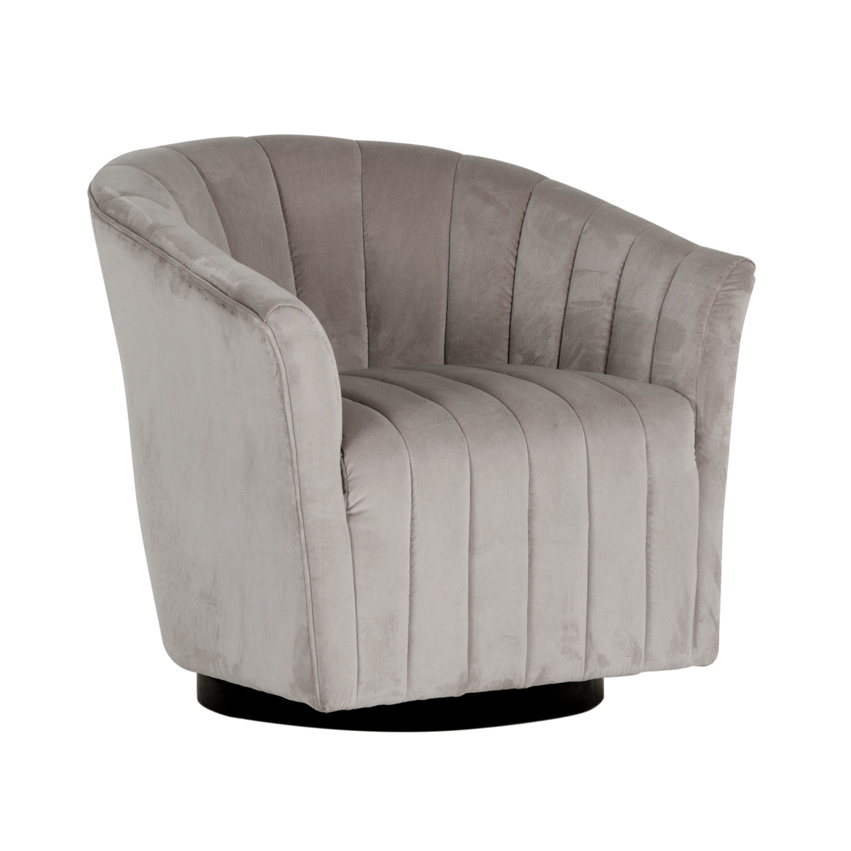 Swivel chair upholstered in soft grey velvet with a low, wide seat