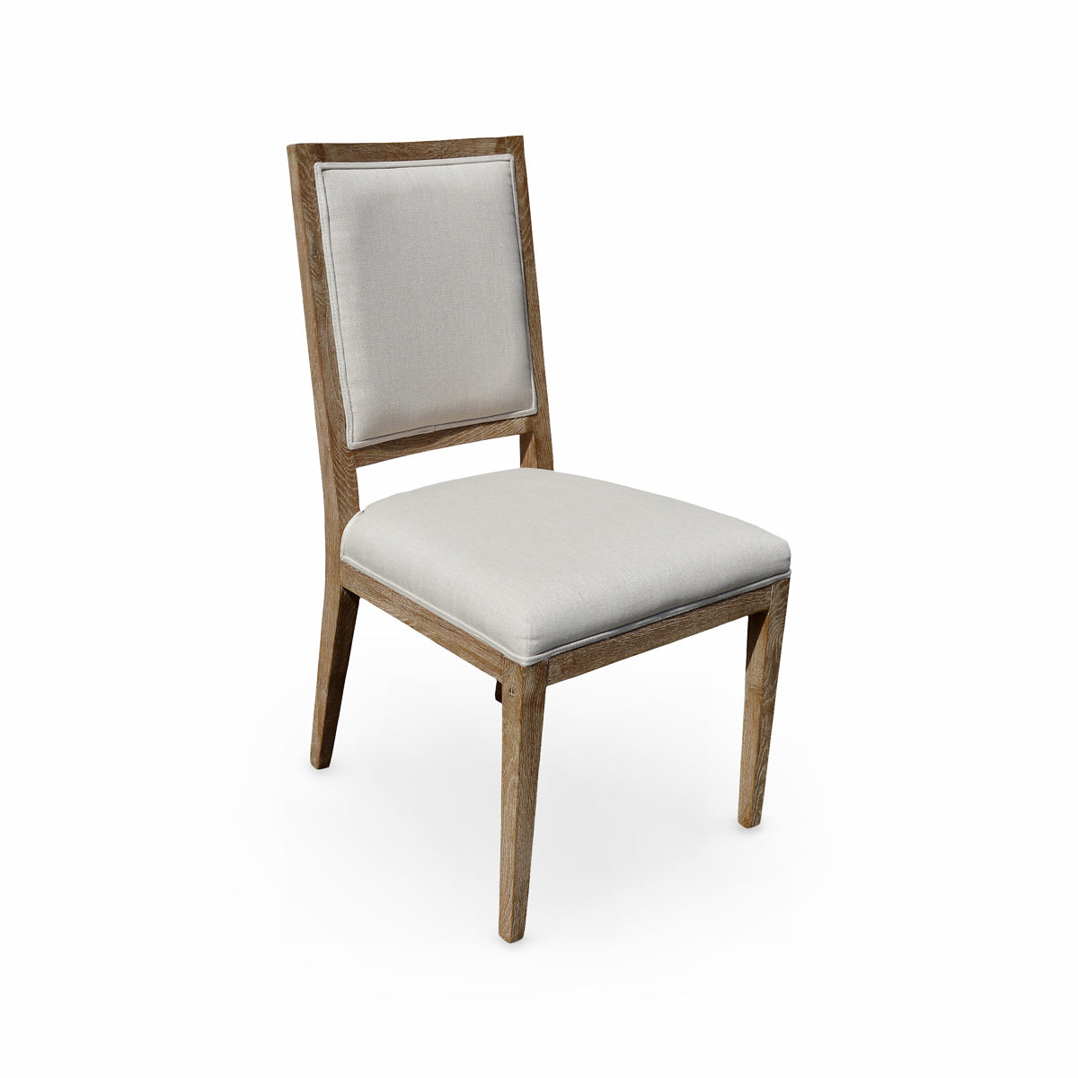 Ecru linen side chair on a solid oak frame