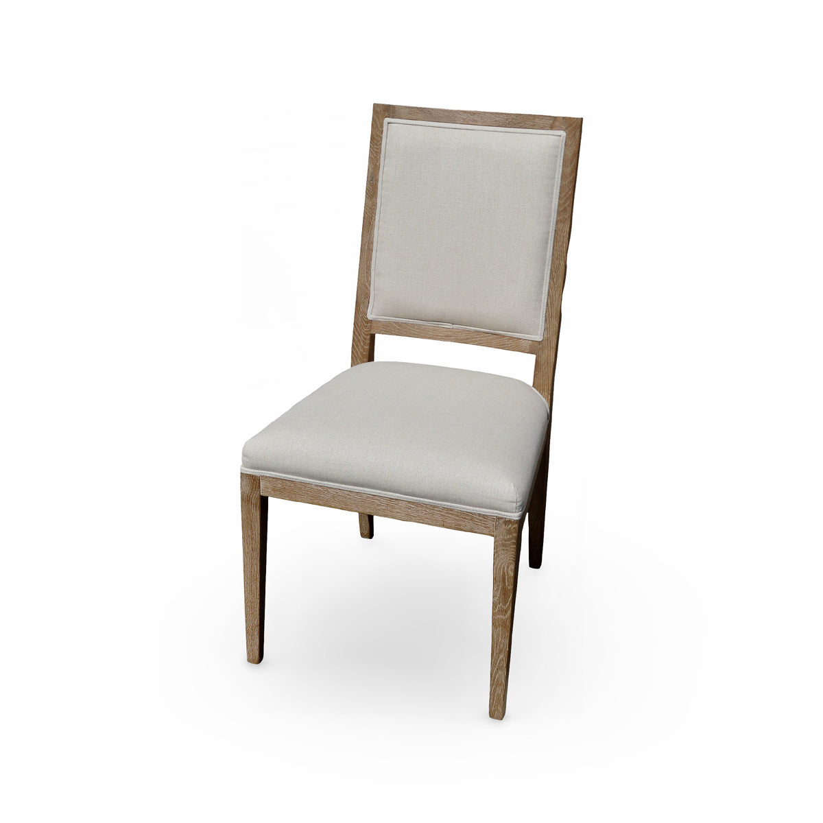 Ecru linen side chair on a solid oak frame