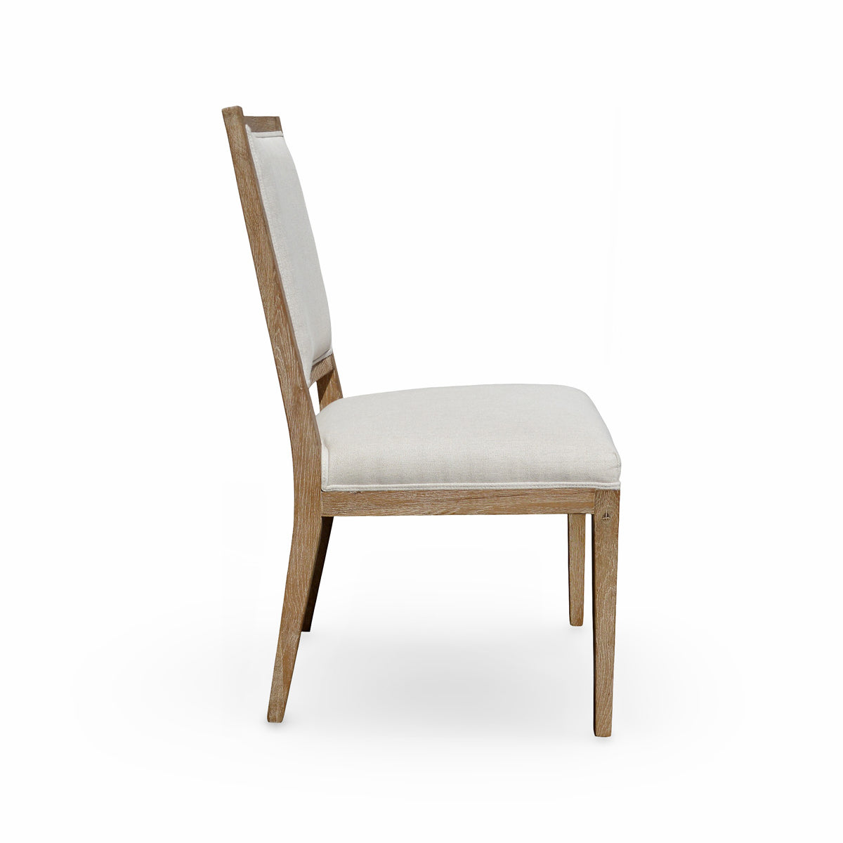 Ecru linen side chair on a solid oak frame