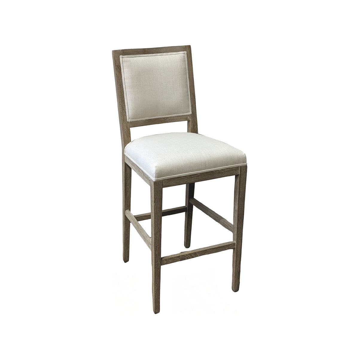 Ecru linen bar stool with a back on a solid oak frame