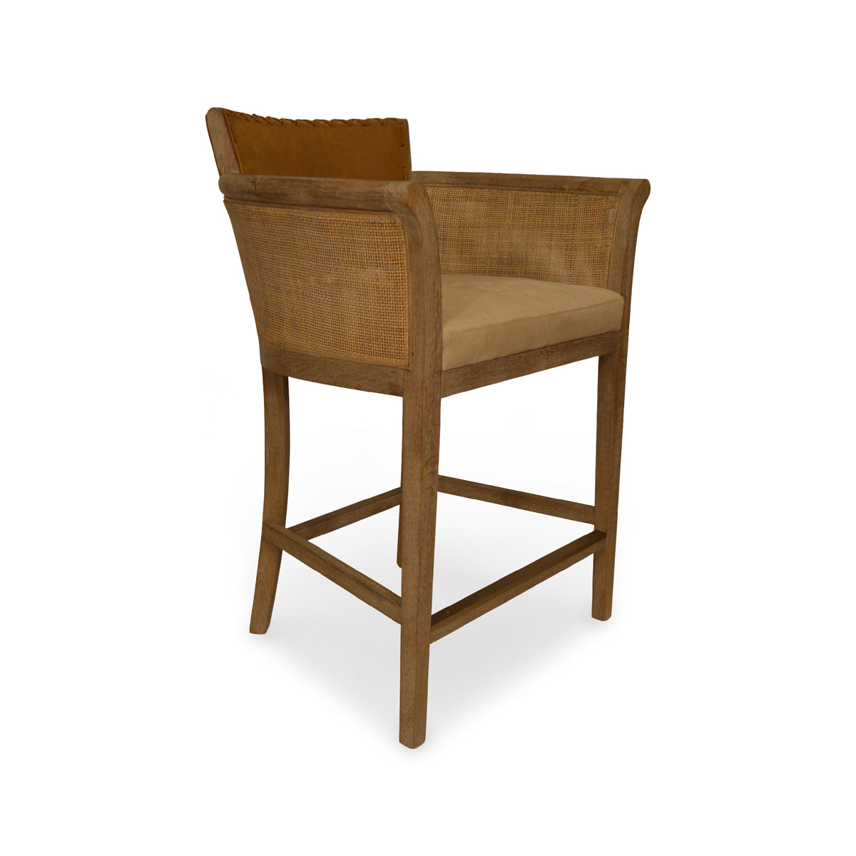 Counter chair with brown leather seat, cane arm panels and oak frame