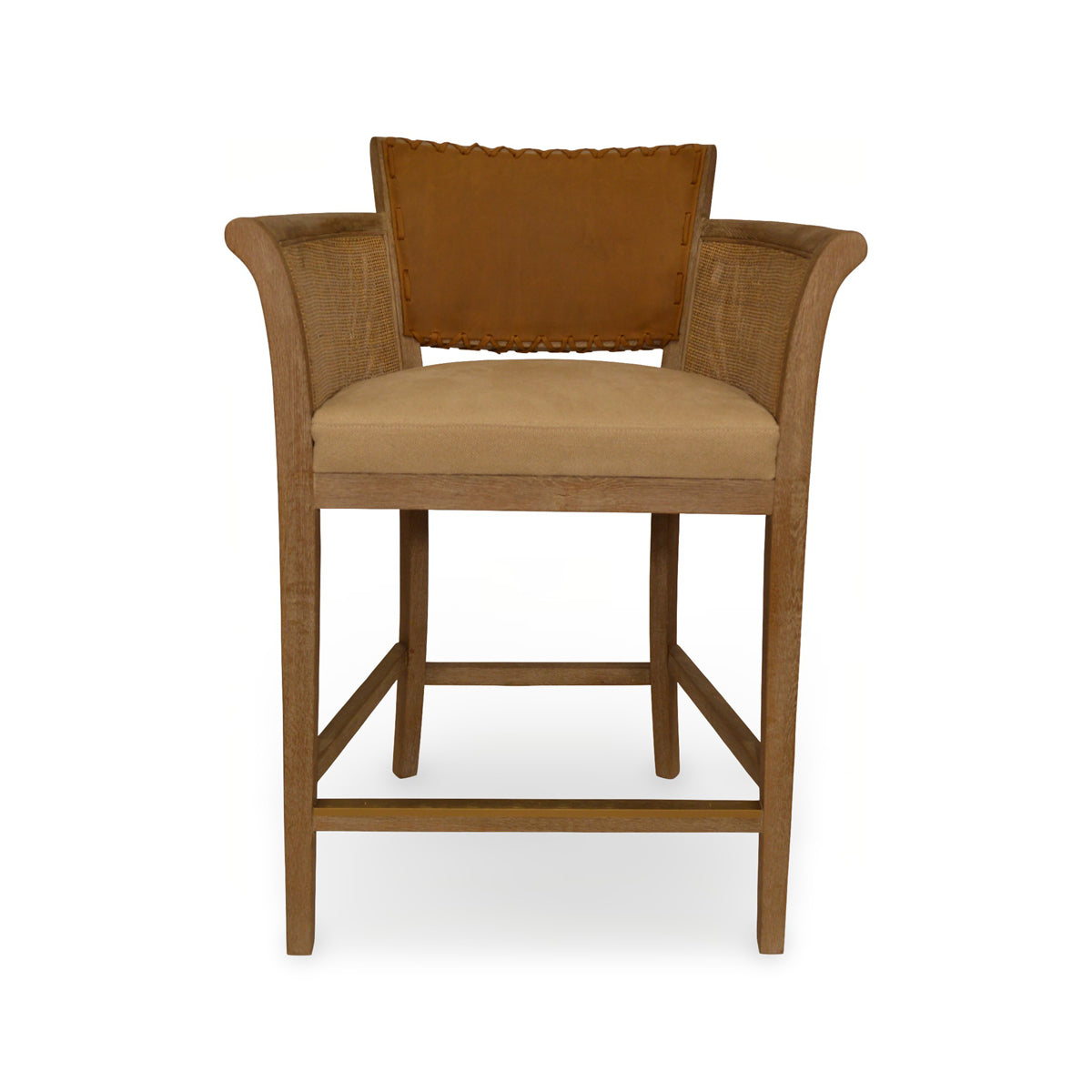 Counter chair with brown leather seat, cane arm panels and oak frame