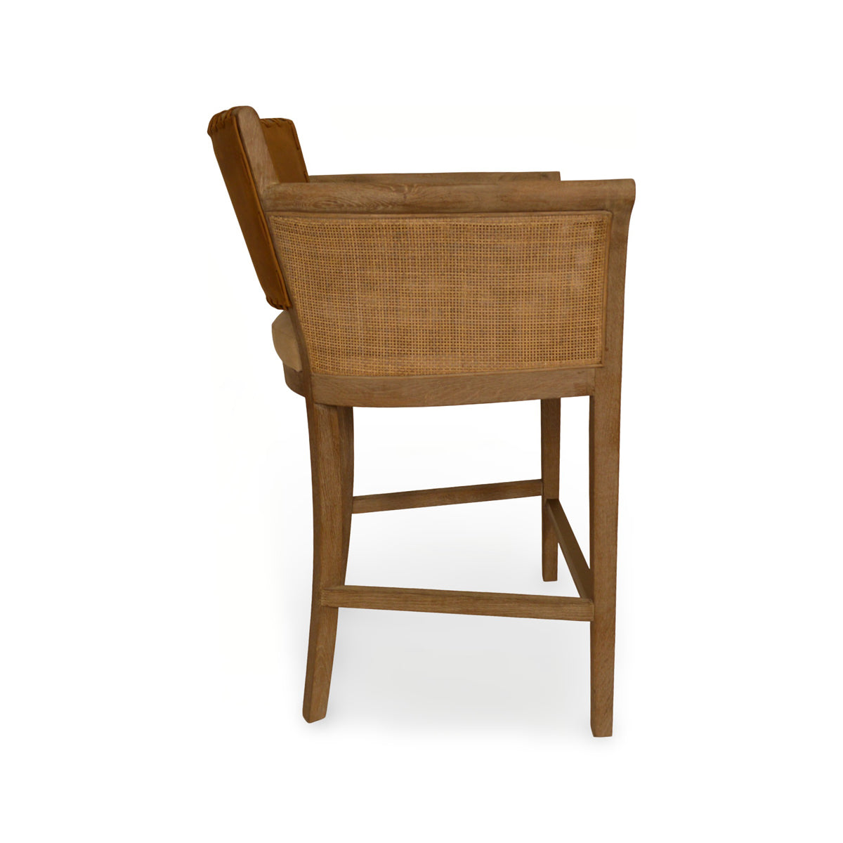Counter chair with brown leather seat, cane arm panels and oak frame