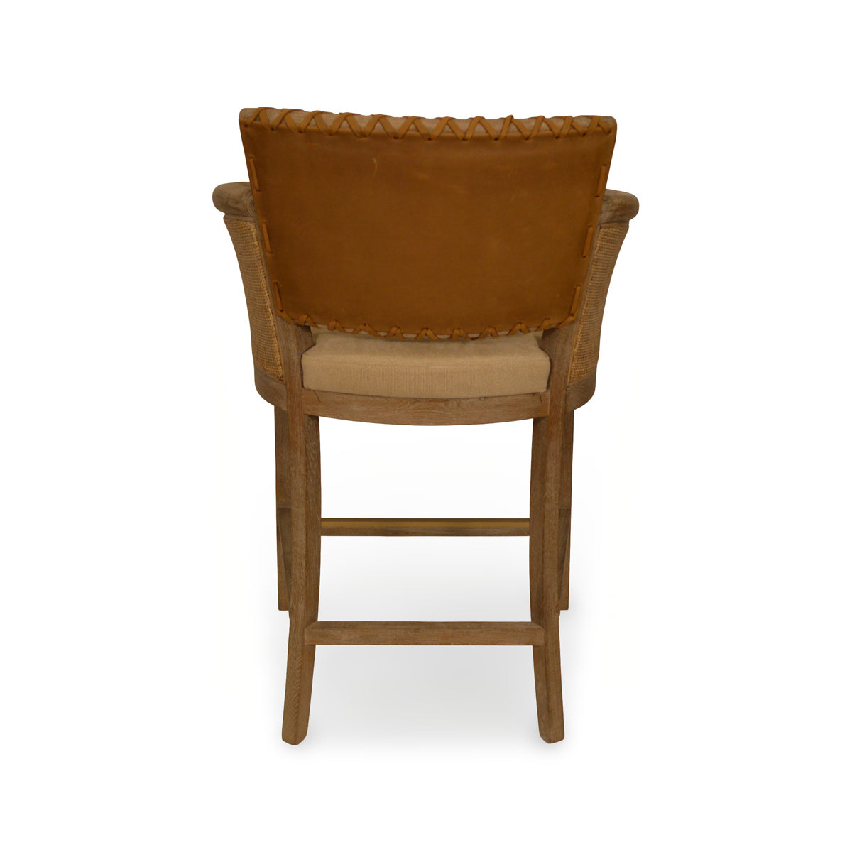 Counter chair with brown leather seat, cane arm panels and oak frame