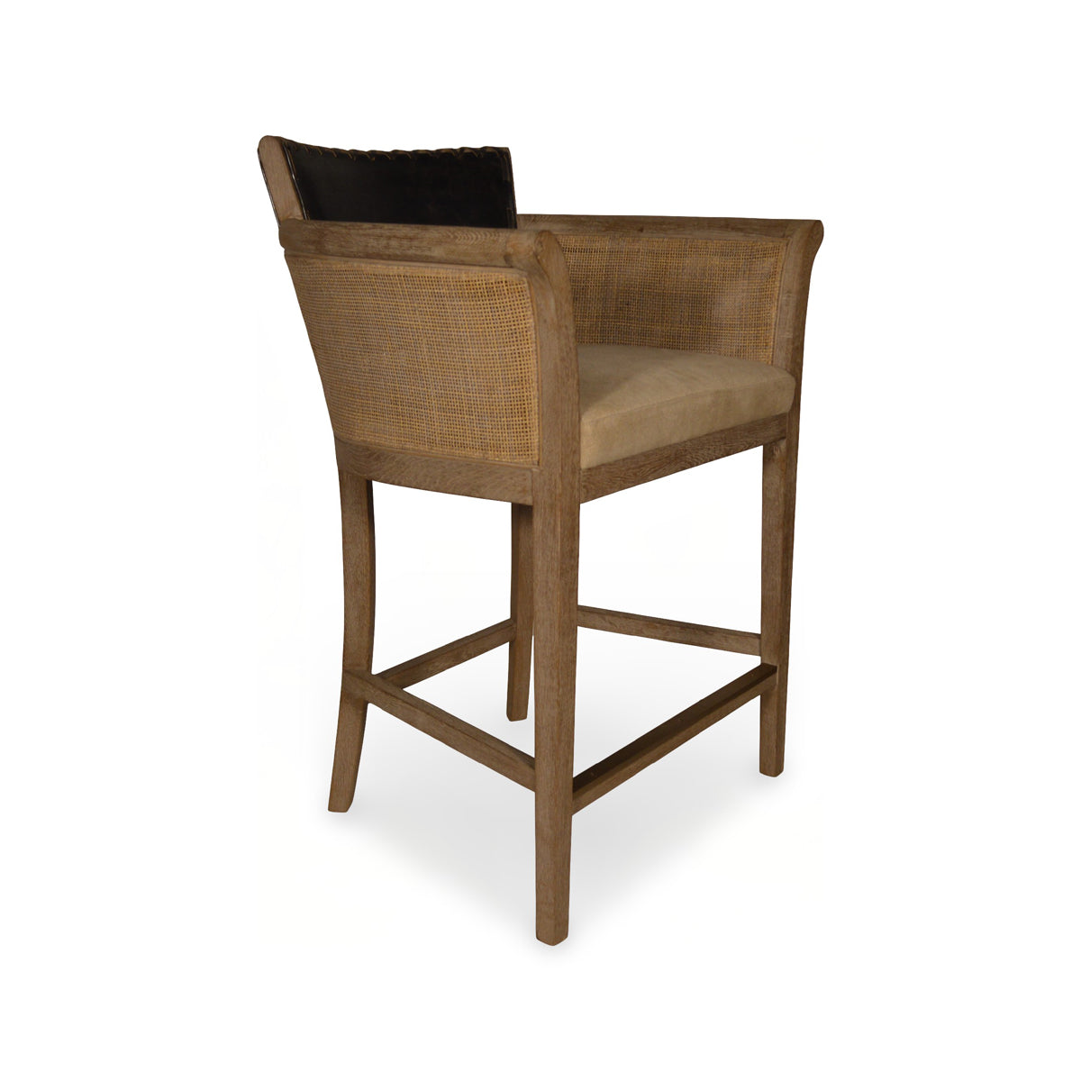 Counter chair with black leather seat, cane arm panels and oak frame