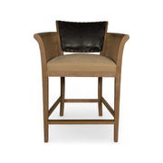 Counter chair with black leather seat, cane arm panels and oak frame
