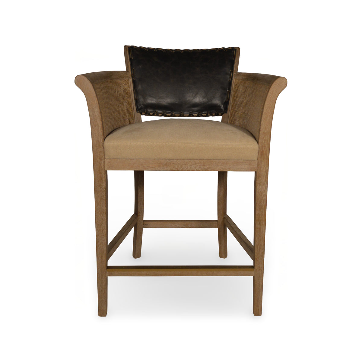 Counter chair with black leather seat, cane arm panels and oak frame