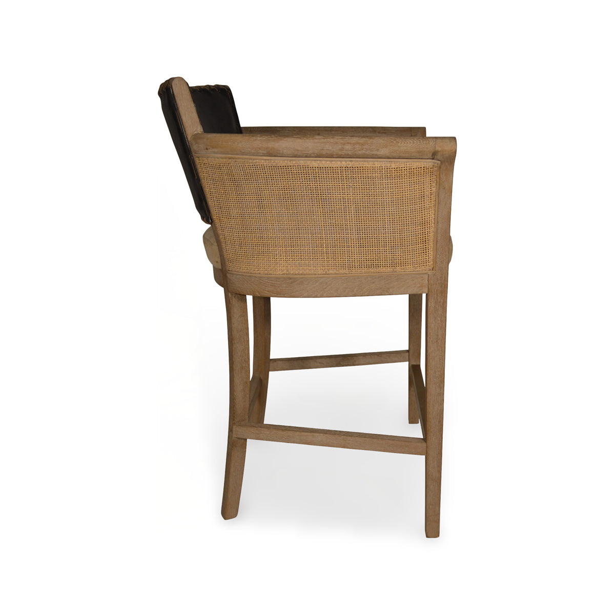 Counter chair with black leather seat, cane arm panels and oak frame