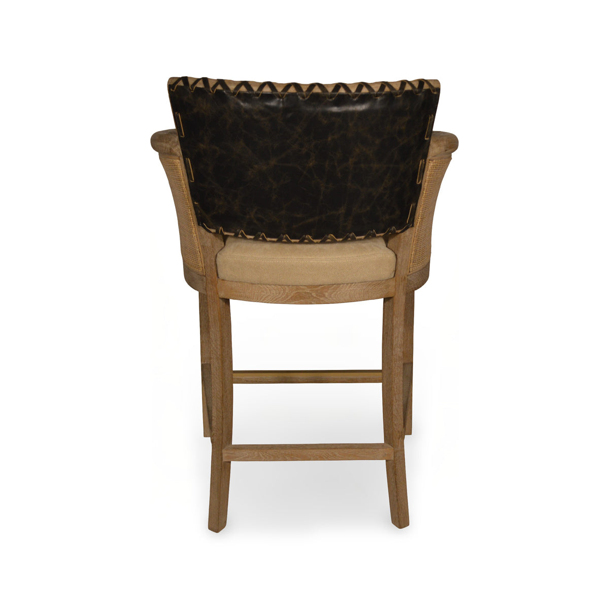 Counter chair with black leather seat, cane arm panels and oak frame