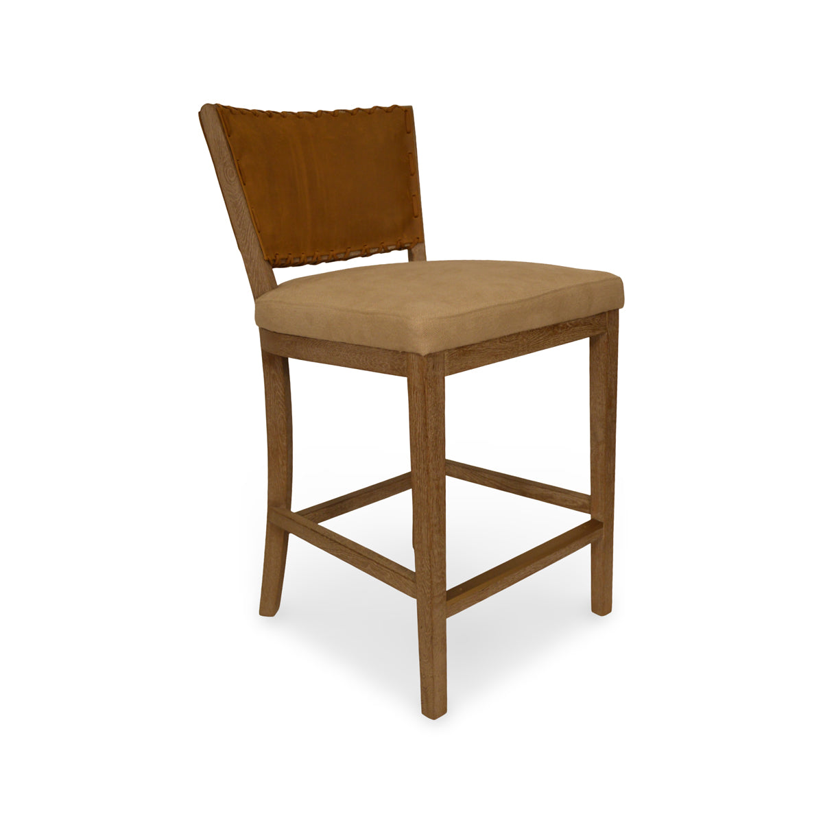 Armless counter chair with a brown leather back and seat on an oak frame