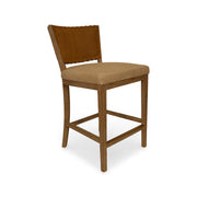 Armless counter chair with a brown leather back and seat on an oak frame
