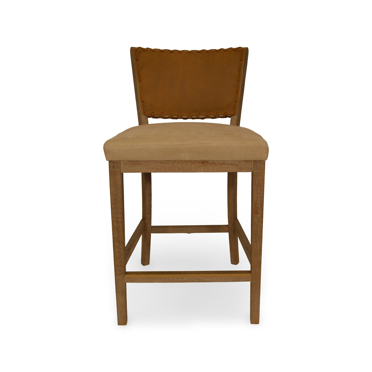 Armless counter chair with a brown leather back and seat on an oak frame