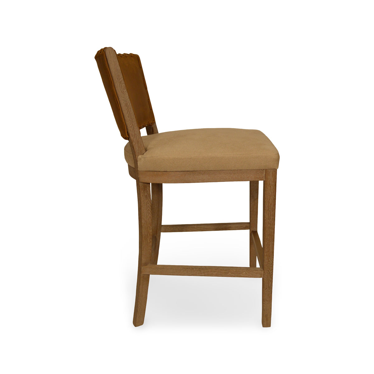 Armless counter chair with a brown leather back and seat on an oak frame