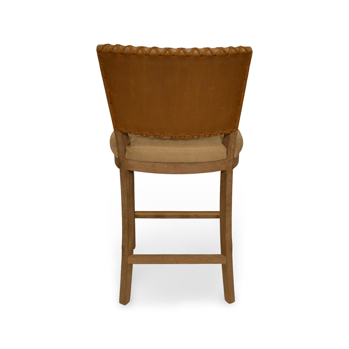 Armless counter chair with a brown leather back and seat on an oak frame