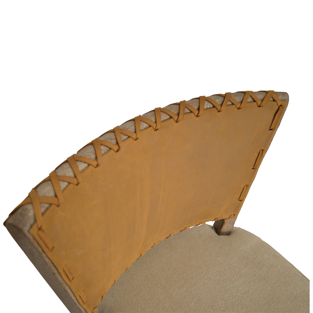 Armless counter chair with a brown leather back and seat on an oak frame