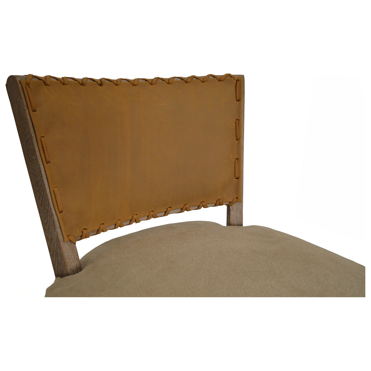 Armless counter chair with a brown leather back and seat on an oak frame
