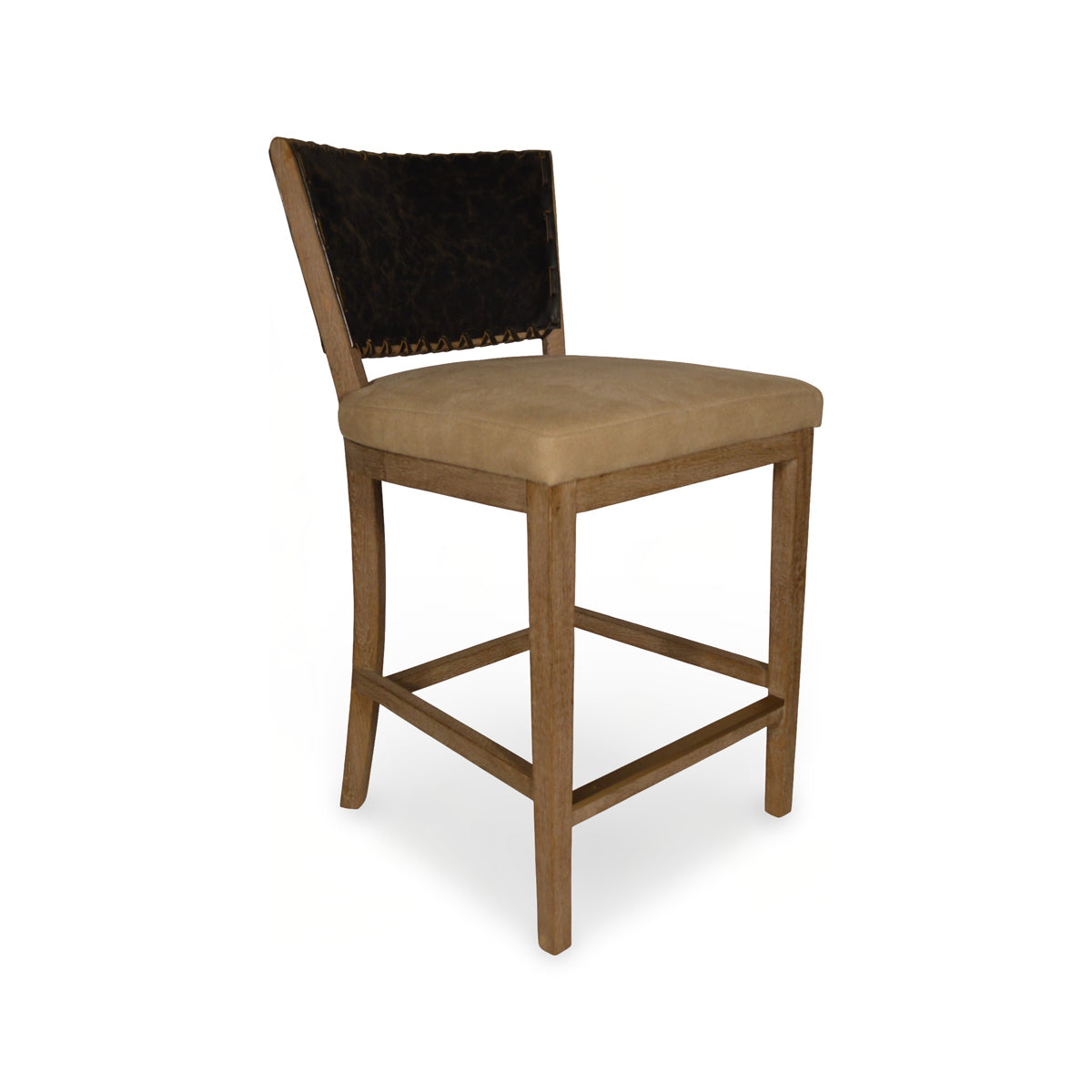 Armless counter chair with a black leather back and seat on an oak frame