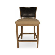 Armless counter chair with a black leather back and seat on an oak frame