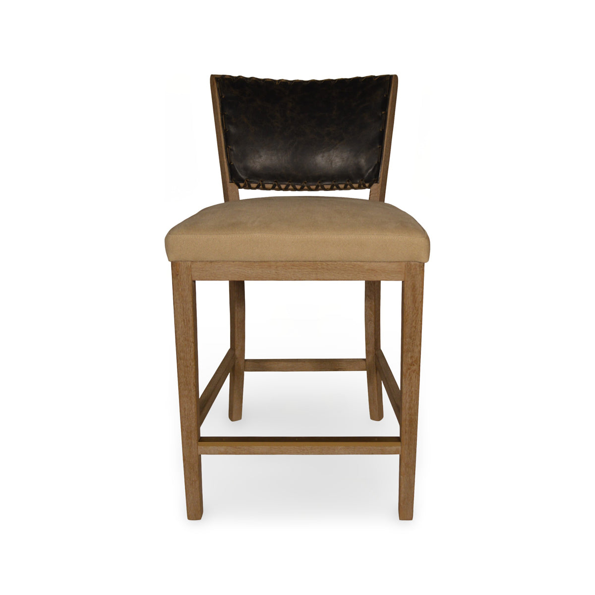 Armless counter chair with a black leather back and seat on an oak frame