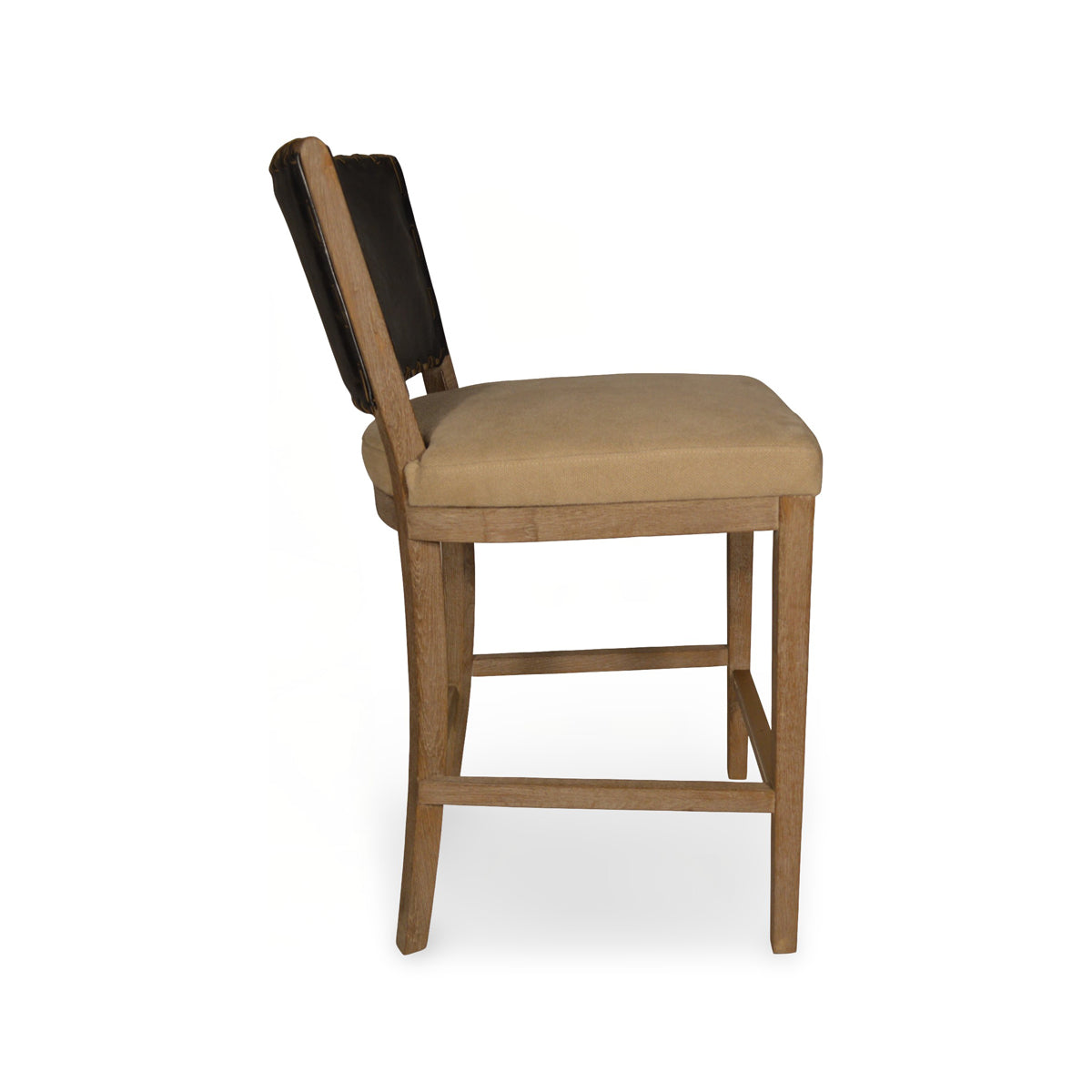 Armless counter chair with a black leather back and seat on an oak frame