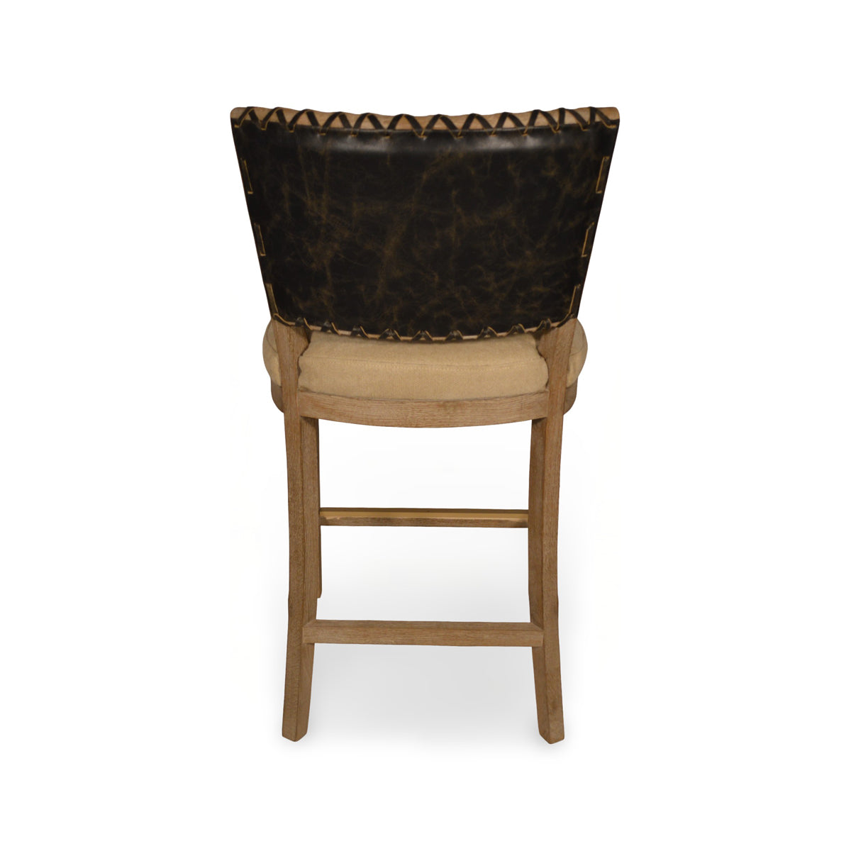Armless counter chair with a black leather back and seat on an oak frame