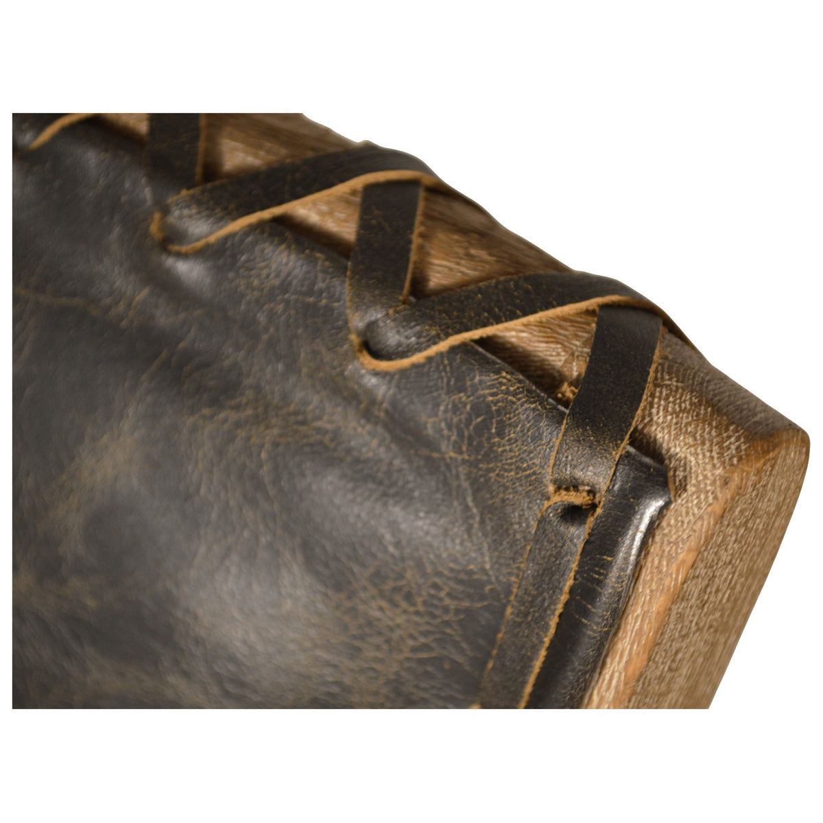 Armless counter chair with a black leather back and seat on an oak frame