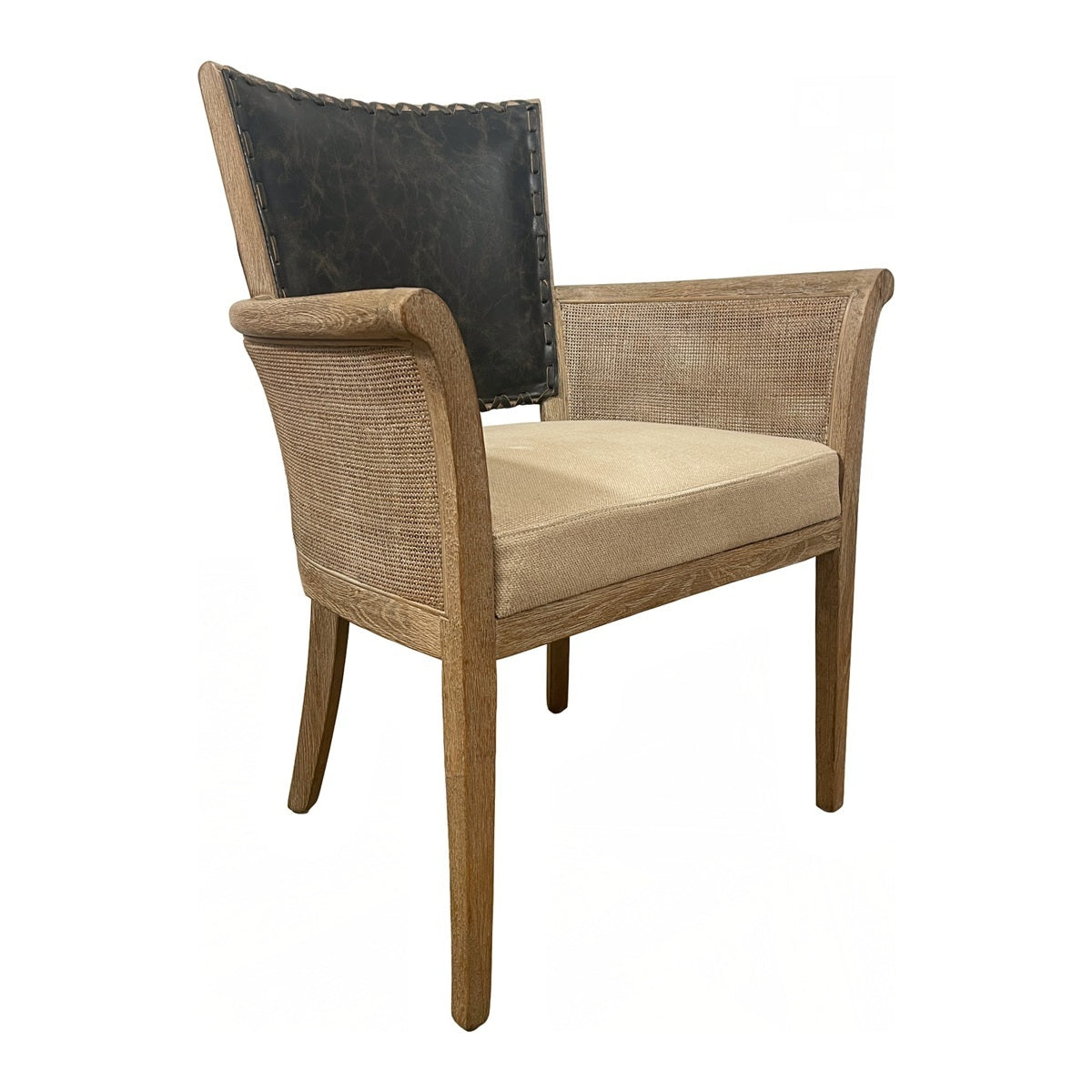 Dining arm chair with a black leather back and woven side panels on an oak frame